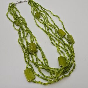 Multi Strand Green Glass Seed Bead Chunky Statement‎ Necklace Layered Boho